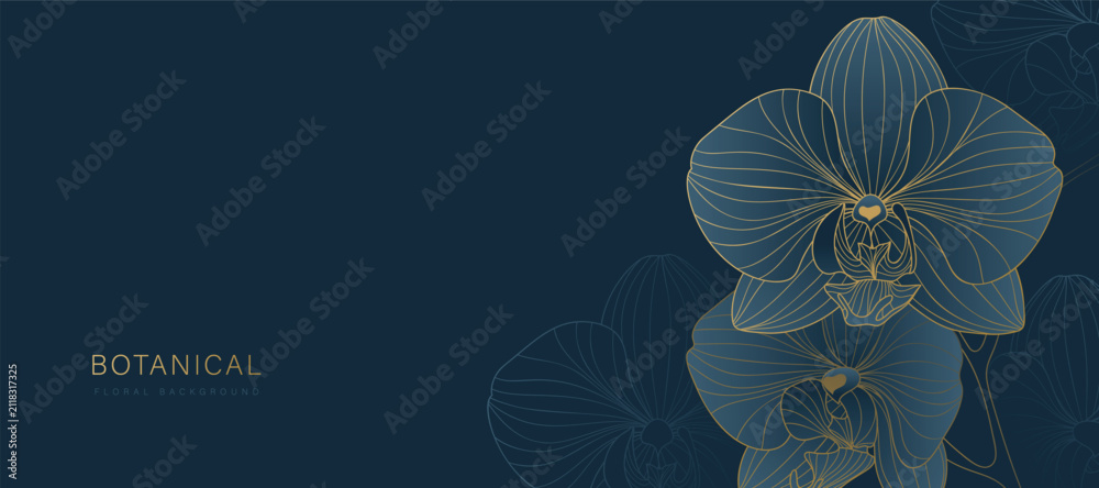 Obraz premium Luxury golden Orchid flower line art background vector. Natural botanical elegant flower with gold line art. Design illustration for decoration, wall decor, wallpaper, cover, banner, poster, card.