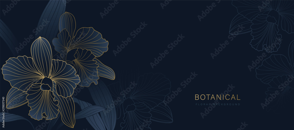 Obraz premium Luxury golden Orchid flower line art background vector. Natural botanical elegant flower with gold line art. Design illustration for decoration, wall decor, wallpaper, cover, banner, poster, card.