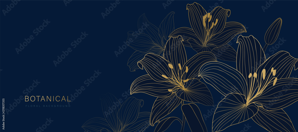 Obraz premium Botanical line art background vector. Natural botanical elegant flower with gold line art. Design illustration for decoration, wall decor, wallpaper, cover, banner, poster, card.