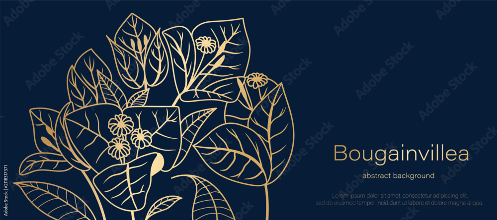 Obraz premium Botanical line art background vector. Natural botanical elegant flower with gold line art. Design illustration for decoration, wall decor, wallpaper, cover, banner, poster, card.