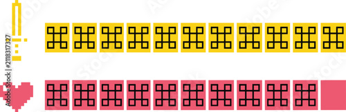 Obraz na plátně Pixel art game UI elements featuring sword icon, health bar, stamina bar, hearts