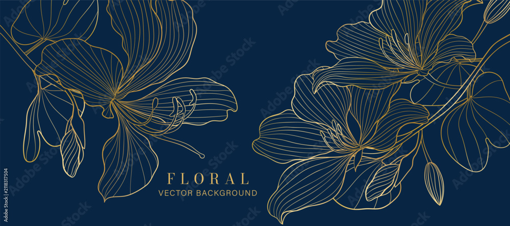 Obraz premium Botanical line art background vector. Natural botanical elegant flower with gold line art. Design illustration for decoration, wall decor, wallpaper, cover, banner, poster, card.
