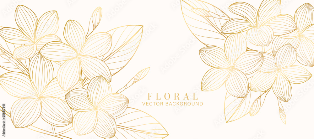 Obraz premium Botanical line art background vector. Natural botanical elegant flower with gold line art. Design illustration for decoration, wall decor, wallpaper, cover, banner, poster, card.