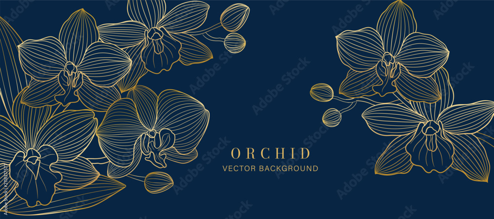Obraz premium Luxury golden Orchid flower line art background vector. Natural botanical elegant flower with gold line art. Design illustration for decoration, wall decor, wallpaper, cover, banner, poster, card.