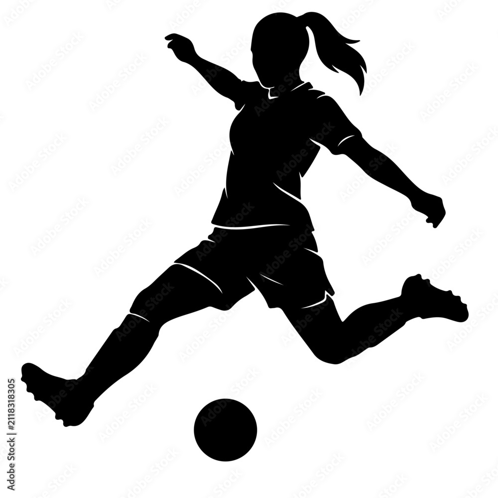 Fototapeta premium Female soccer player silhouette woman kicking football