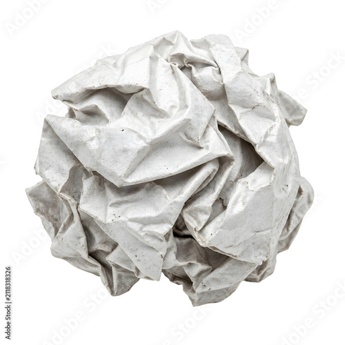 Crumpled White Paper Ball Isolated on White Background, Waste Paper and Recycling Concept