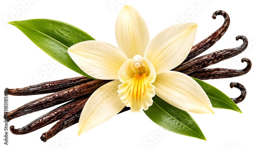 White Vanilla Orchid Flower with Vanilla Bean Pods Isolated on White Background, Tropical Botanical Bloom