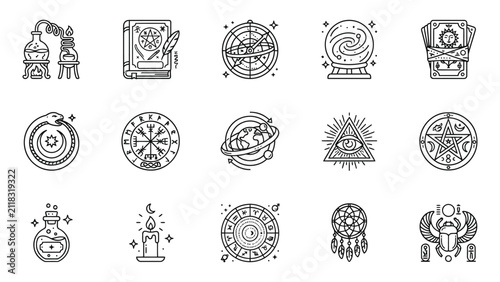 Set of mystical esoteric and occult line art icons featuring tarot cards astrology symbols magic potions crystals and ancient ritual objects