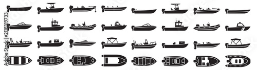 Set of Black Boat Silhouettes and Motorboat Icons Showing Side and Top Views for Marine Design