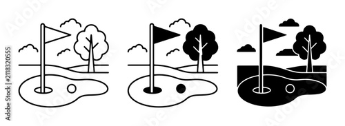 Golf Course Icons Set: Hole, Flag, Ball, Tree, Landscape, Silhouette, Line Art, Vector Graphics for Sports and Recreation
