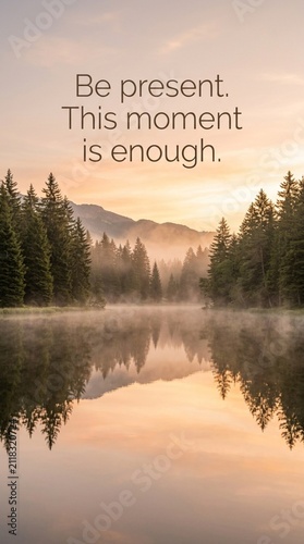 Serene Lake Reflection at Dawn with Inspirational Mindful Message for Inner Peace and Tranquility