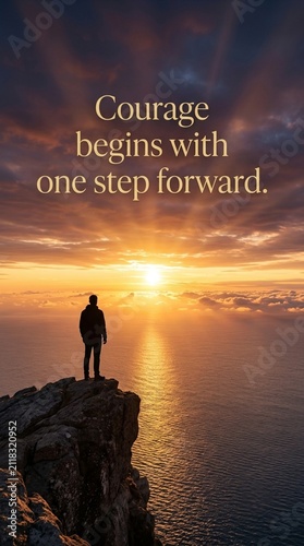 A Man Standing on a High Cliff Overlooking the Vast Ocean at Sunset Inspiring Personal Growth and Brave New Beginnings