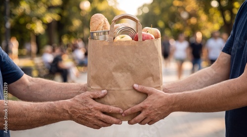 Charity food donation in paper bag, hands giving groceries to person in need, community support and volunteer relief work in outdoor park