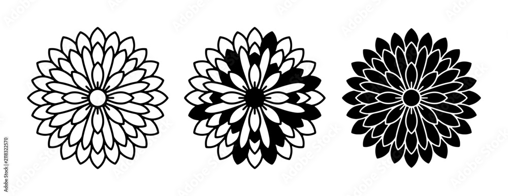 Obraz premium Chrysanthemum Vector Icons Set, Black and White Floral Graphics, Decorative Flower Elements for Design