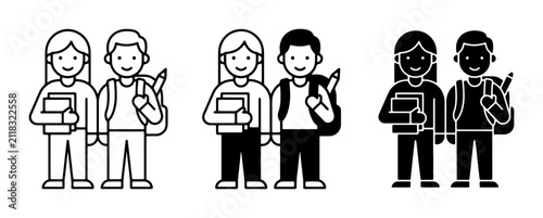 Student Icons Set: Diverse Pupils with Books and Backpacks, Outline and Solid Styles, Representing Education and Learning
