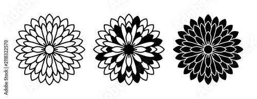 Chrysanthemum Vector Icons Set, Black and White Floral Graphics, Decorative Flower Elements for Design