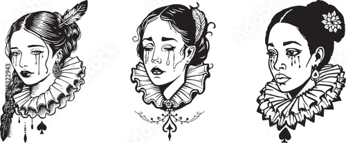 Three crying women with ruff collar fashion portraits