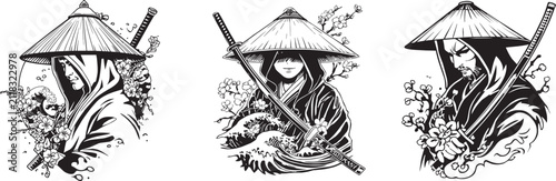 Three ninja characters with swords and traditional hats
