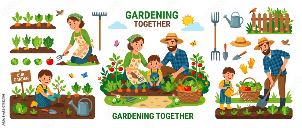 Fototapeta premium Family Gardening Together Illustration