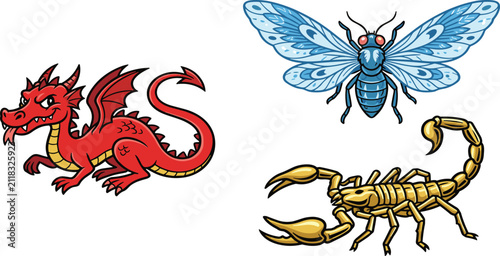 Fotografía Fantasy Creature and Wildlife Mascot Set Featuring Red Cartoon Dragon Cyan Blue