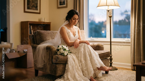 Single New Bride Sitting Alone in Marital Home First Time Still in Wedding Finery Private Reflective Moment, Warm Indoor Evening Light, Authentic Quiet Post Wedding India