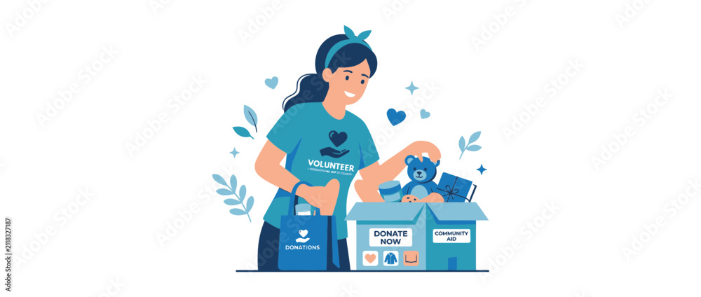 Fototapeta premium Volunteer Packing Donation Box with Toys and Books