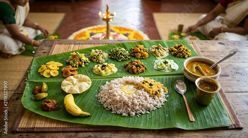 Traditional onam sadya served on a green banana leaf in kerala