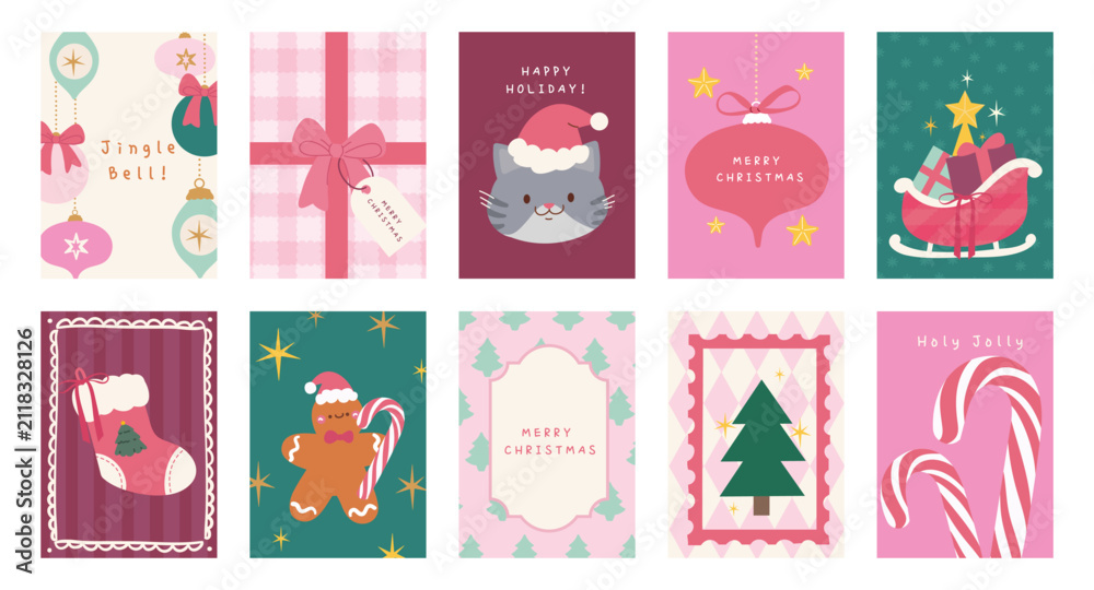 Obraz premium Christmas and Happy holiday greeting card vector set. Elegant wallpaper with geometric Christmas elements and pattern . Holidays design illustration for cover, print, poster, Happy New Year, ads.