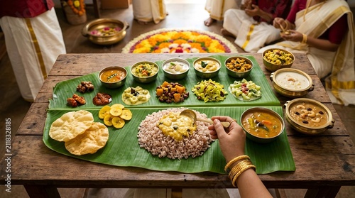 Traditional south indian sadya feast served on a banana leaf