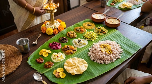 Traditional onam sadya meal served on a fresh green banana leaf