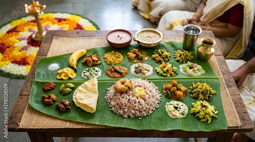 Traditional onam sadhya feast served on a banana leaf