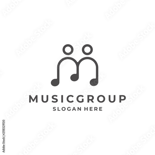 Music Group Logo Template Combining Letter M Musical Notes and People Line Art Design