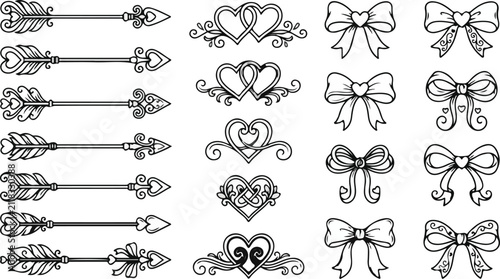 Foto Ornate heart arrows entwined hearts and ribbons vector collection
