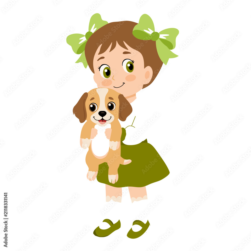 Obraz premium Cute little girl holding a puppy, cartoon illustration.