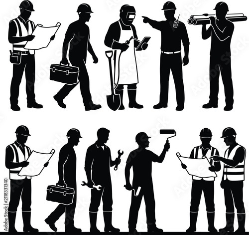 Construction Workers and Builders Silhouettes Set