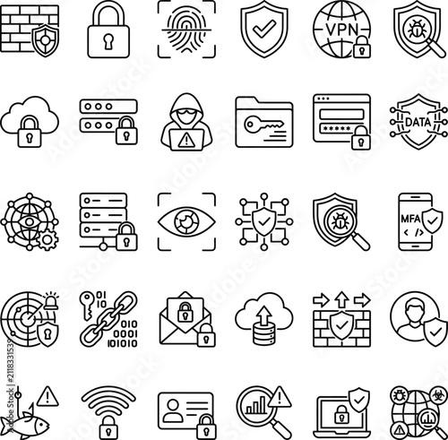 Cybersecurity and Data Protection Line Icon Set