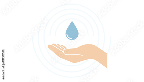 Caring hand holding a pristine blue water droplet surrounded by circular ripple waves on a white background.