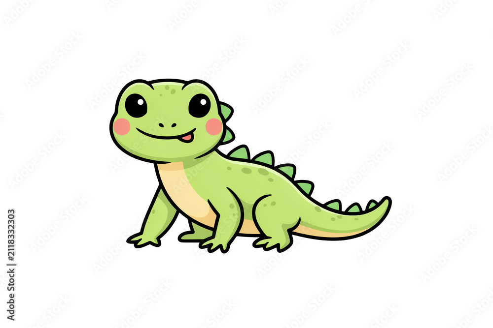 Obraz premium Friendly cartoon green lizard character with large black eyes and pink cheeks, standing in profile, isolated on a white background