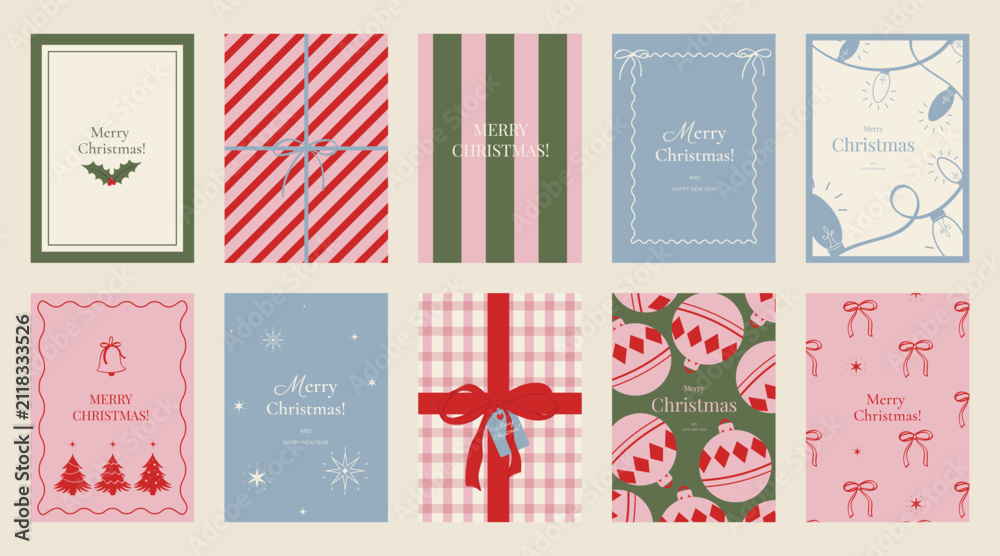 Obraz premium Christmas and Happy holiday greeting card vector set. Elegant wallpaper with geometric Christmas elements and pattern . Holidays design illustration for cover, print, poster, Happy New Year, ads.