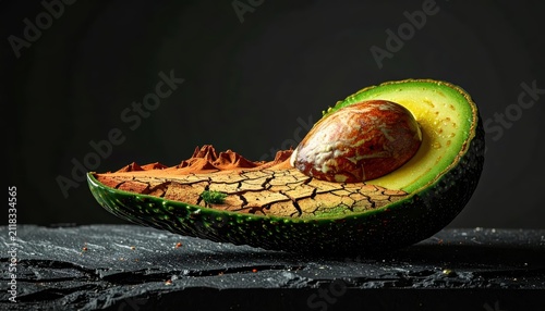 Fresh avocado half with seed on dark dramatic background.