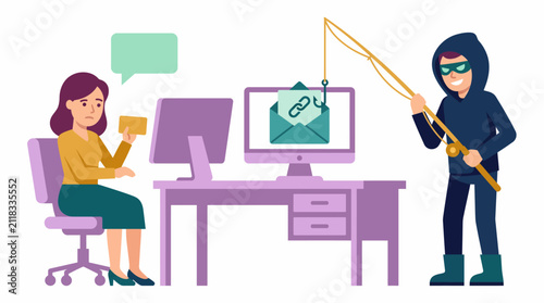 A woman at her computer is targeted by a hacker using a phishing email scam, illustrating cybersecurity threats and online fraud.
