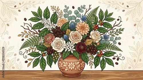 Elegant Floral Arrangement with Roses, Ferns, and Berries in Decorative Vase on Wooden Table, Botanical Illustration for Design