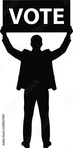 Black silhouette of a man in a suit holding a sign that says vote on white background