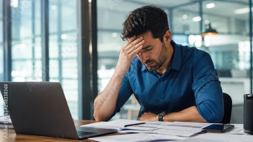 Man in blue shirt at office desk holding his forehead, looking stressed over paperwork and laptop