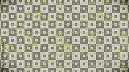 Weathered paving stone mosaic pattern with green moss, a seamless loop background.