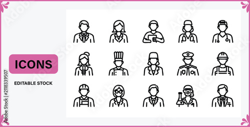Professional occupations and job roles line icon set for profiles with business