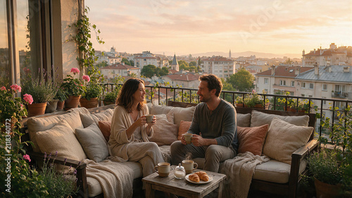 Happy young couple drinking coffee on a cozy balcony at sunset overlooking the city skyline