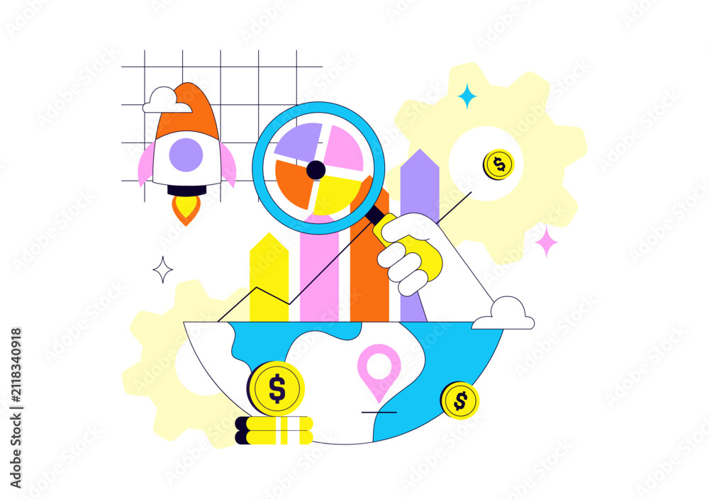 Naklejka premium World Statistics Day Illustration Featuring Data Analysis, Statistical Reports, Business Analytics Dashboard, Charts, Graphs, and Economic Insights