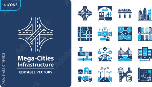 Modern urban infrastructure and smart city planning vector icon set representing transport systems, metropolitan design, and public utilities