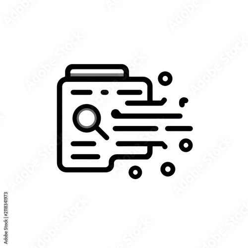 A clipboard with a magnifying glass icon symbolizing data analysis or document search with digital motion lines indicating speed or processing